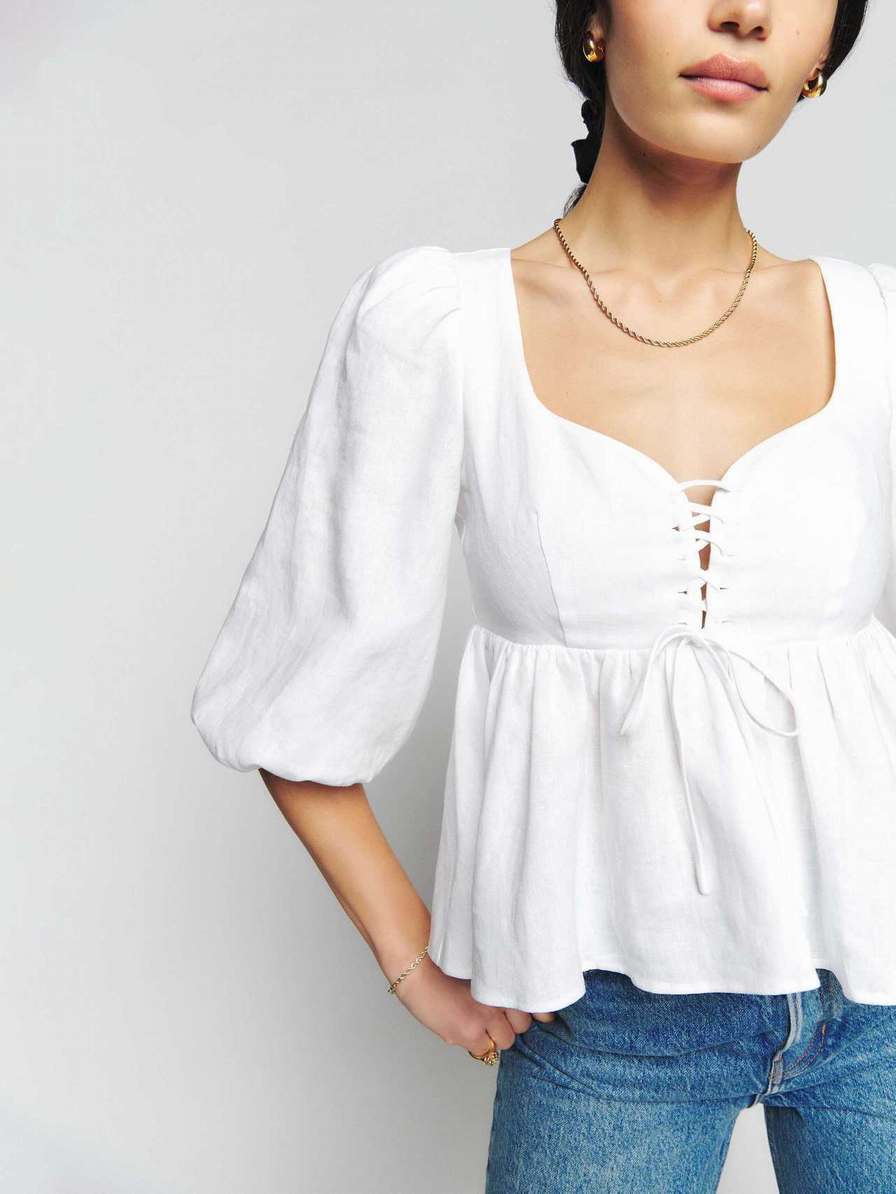 Women's Reformation Abigail Linen Tops White | USA-0257418