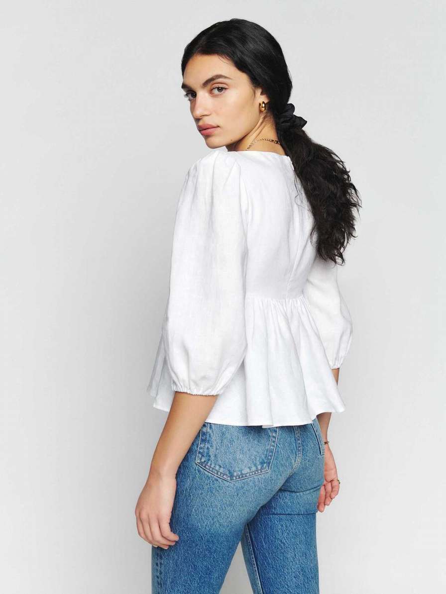 Women's Reformation Abigail Linen Tops White | USA-0257418