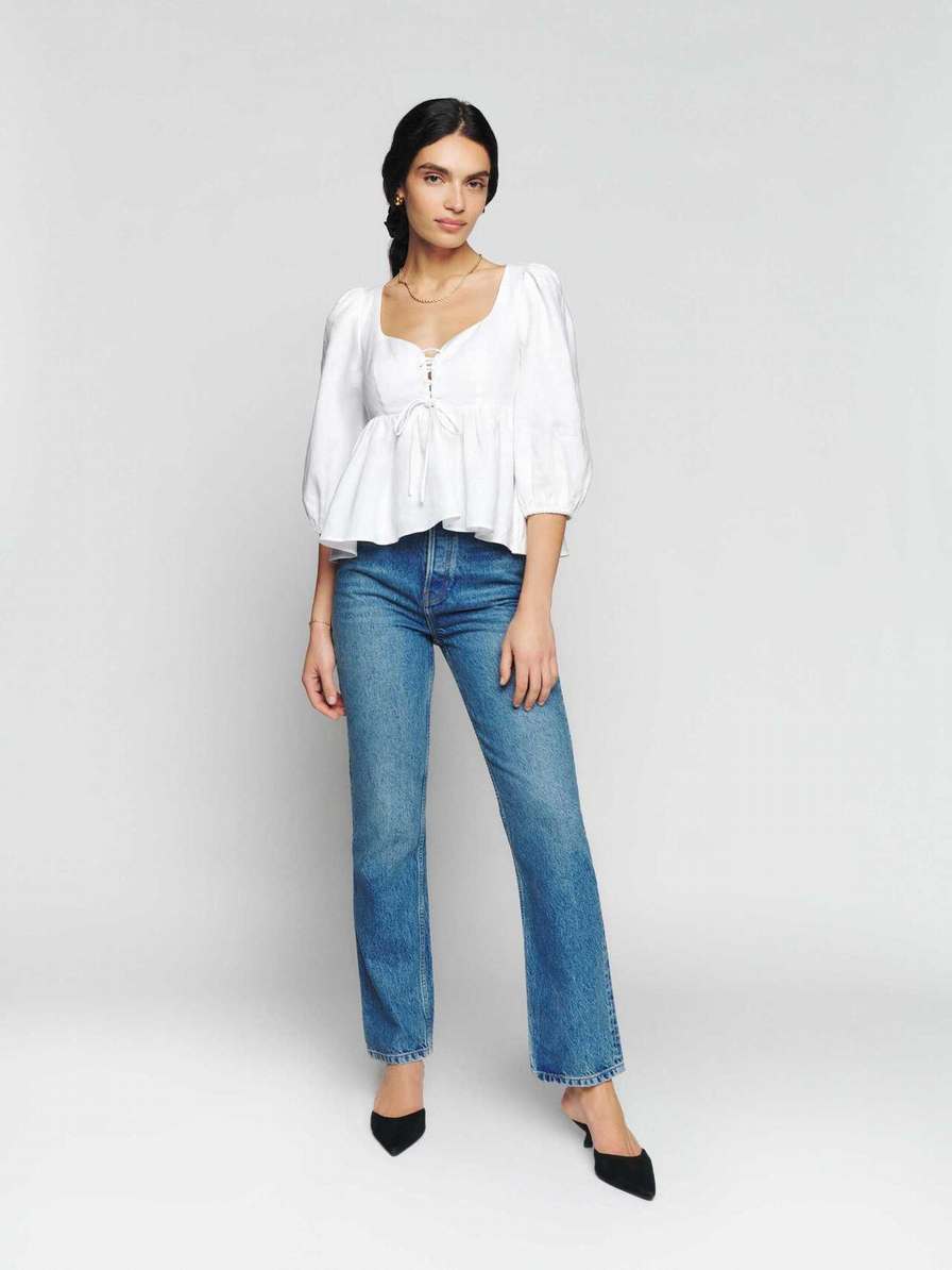 Women's Reformation Abigail Linen Tops White | USA-0257418