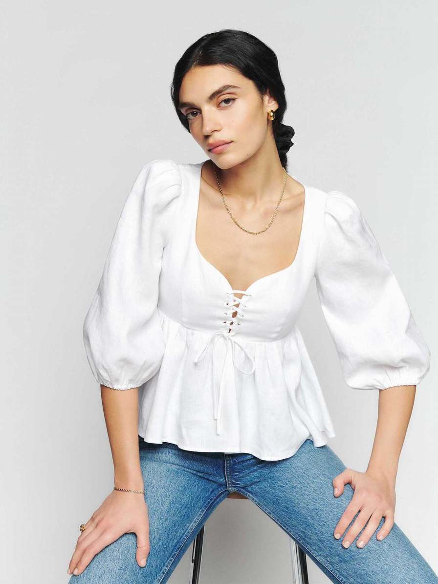 Women's Reformation Abigail Linen Tops White | USA-0257418