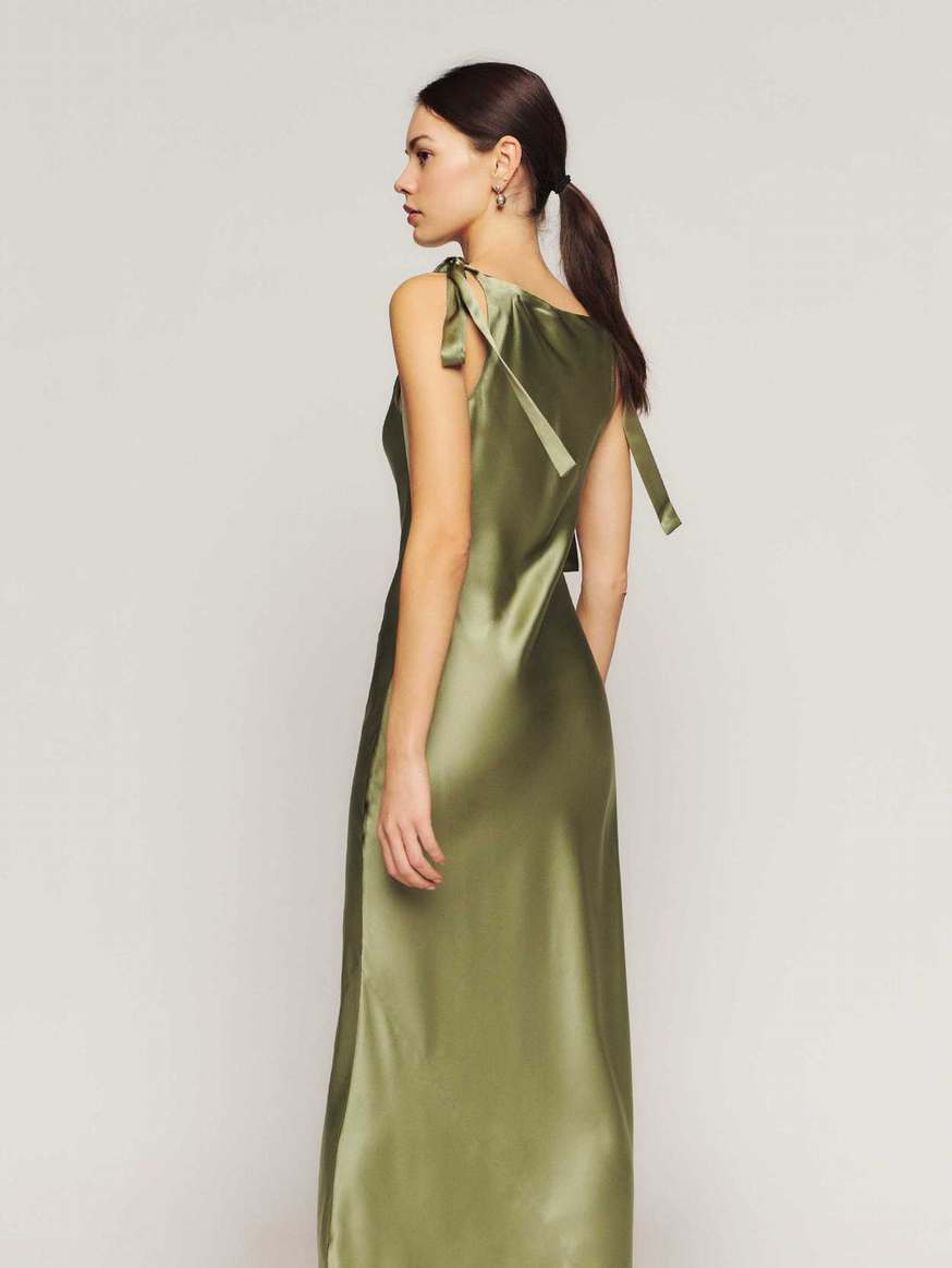 Women's Reformation Aden Silk Dress Dark Green | USA-8216573