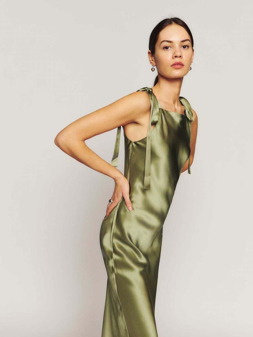 Women's Reformation Aden Silk Dress Dark Green | USA-8216573