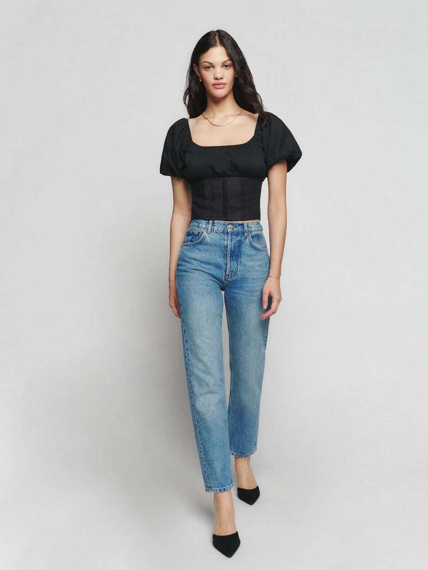 Women's Reformation Alayna Linen Tops Black | USA-2108546