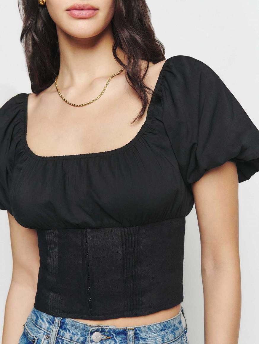 Women's Reformation Alayna Linen Tops Black | USA-2108546