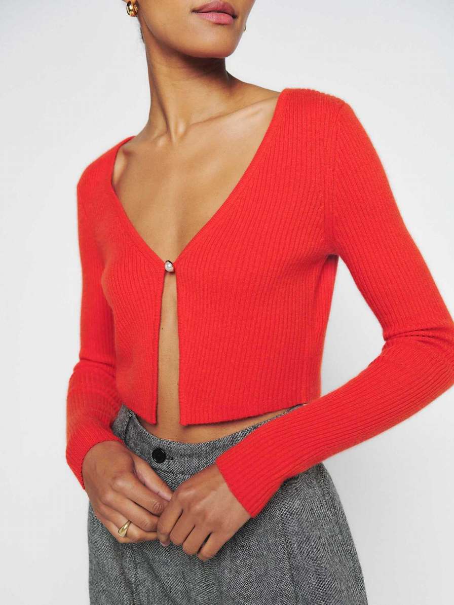 Women\'s Reformation Angel Cashmere Cropped Cardigan Red | USA-821657