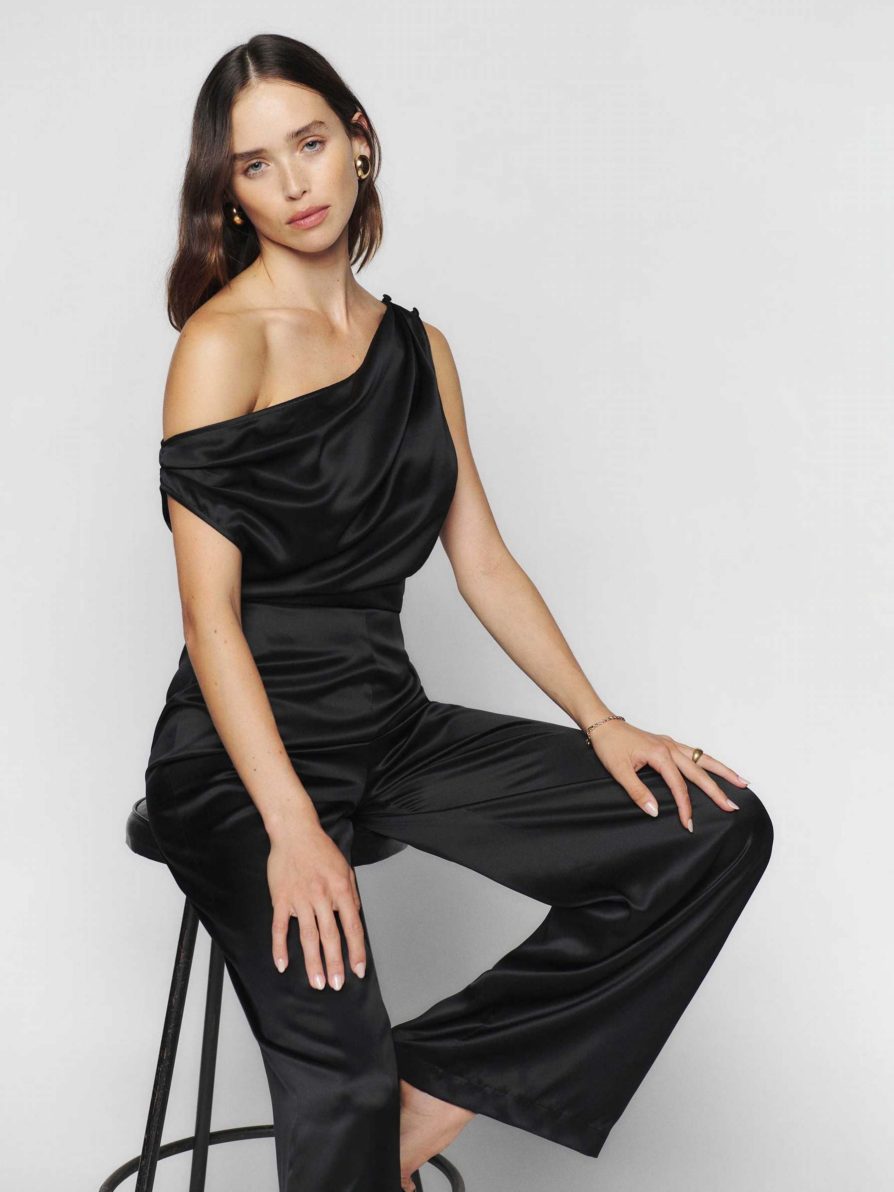 Women's Reformation Annika Silk Jumpsuit Black | USA-385672