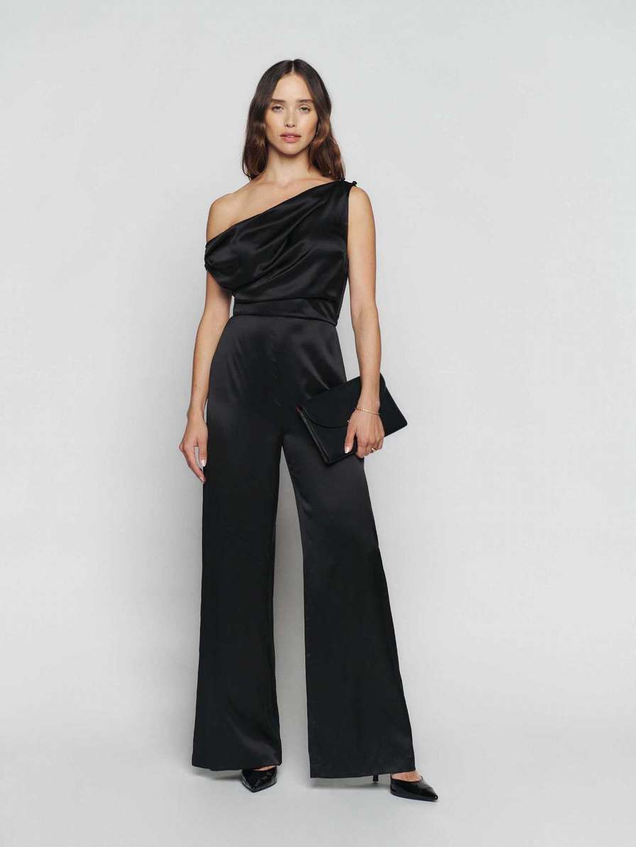 Women\'s Reformation Annika Silk Jumpsuit Black | USA-385672