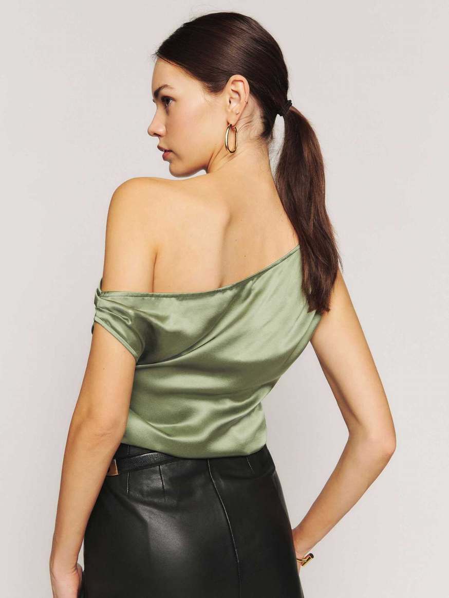 Women's Reformation Annika Silk Tops Dark Green | USA-684235