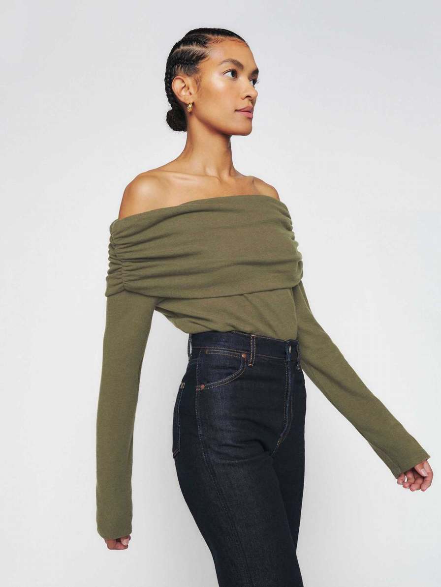 Women's Reformation Azura Knit Tops Dark Olive | USA-1267543