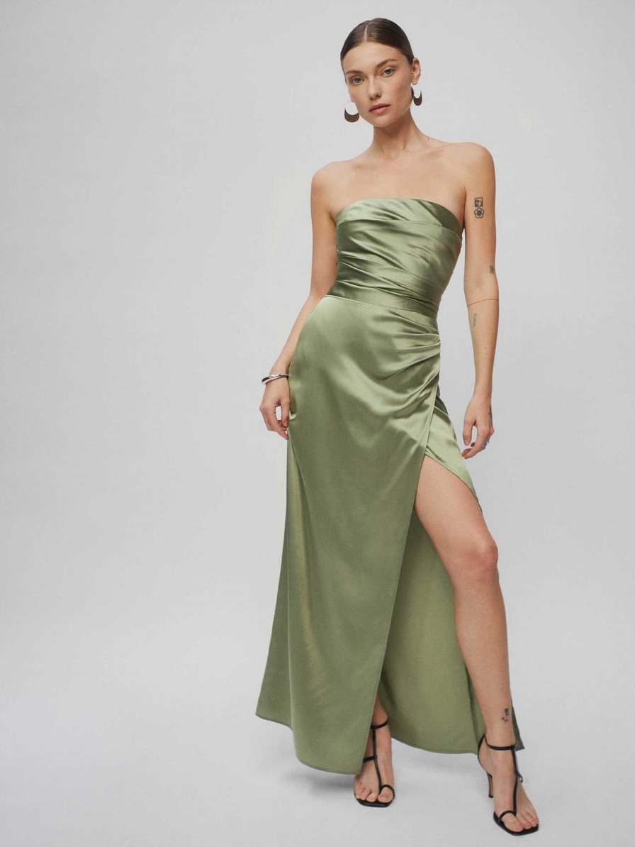 Women's Reformation Barrow Silk Dress Dark Green | USA-835062