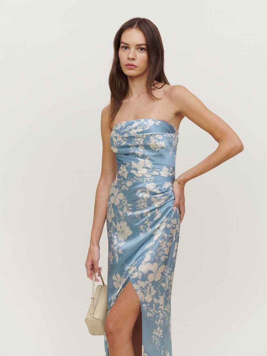 Women's Reformation Barrow Silk Dress Light Blue | USA-234586