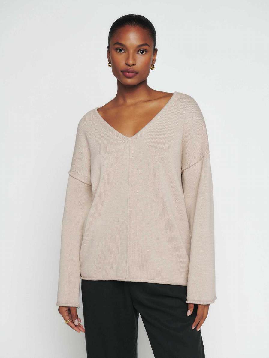 Women's Reformation Billie Cotton V-Neck Sweater Beige | USA-730826