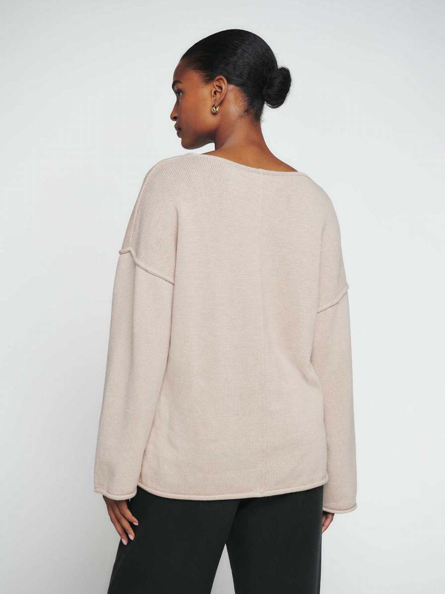 Women's Reformation Billie Cotton V-Neck Sweater Beige | USA-730826