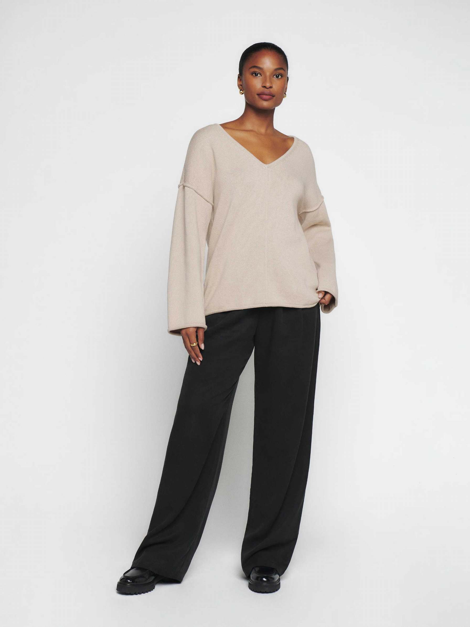 Women's Reformation Billie Cotton V-Neck Sweater Beige | USA-730826