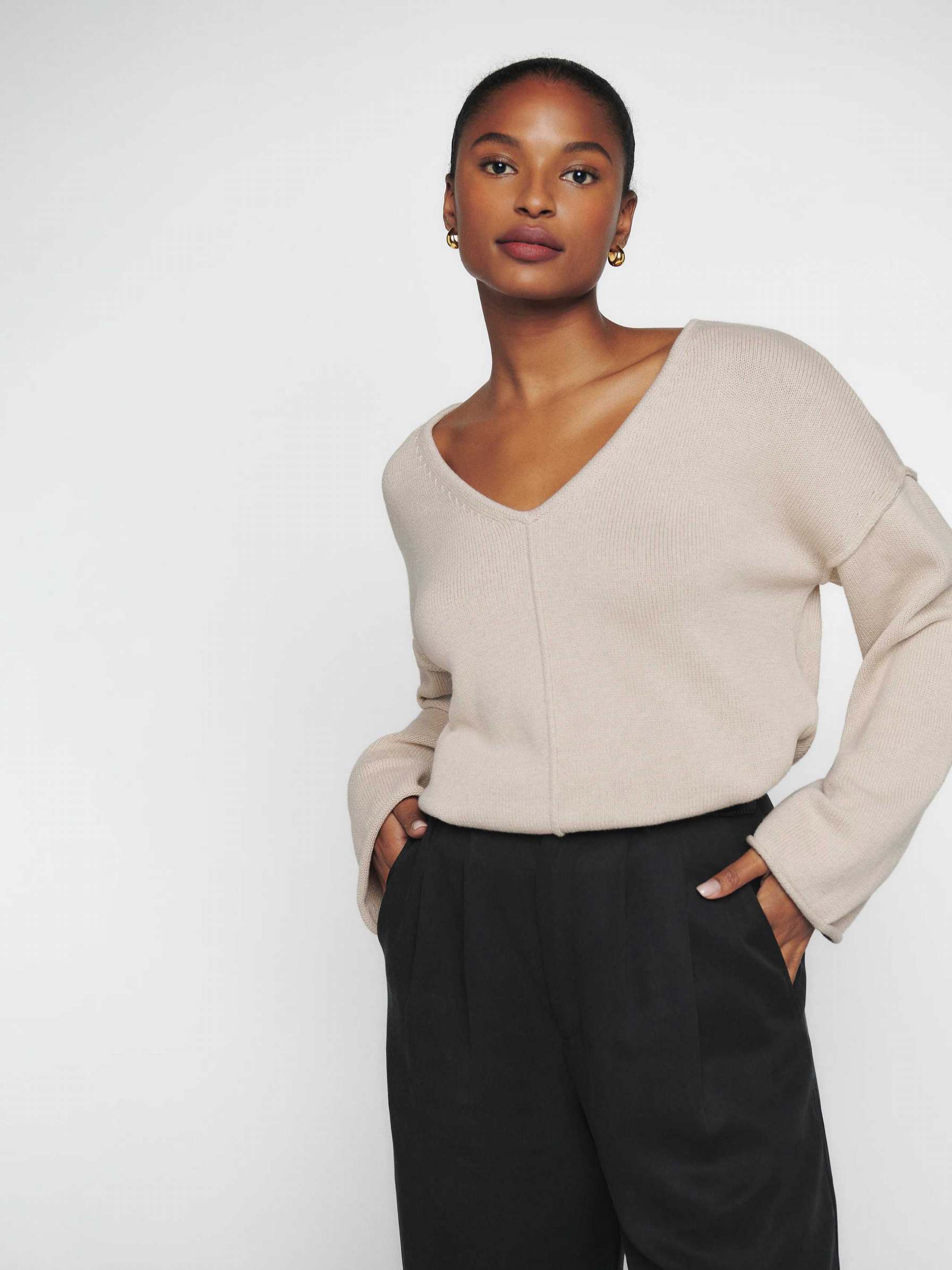 Women's Reformation Billie Cotton V-Neck Sweater Beige | USA-730826