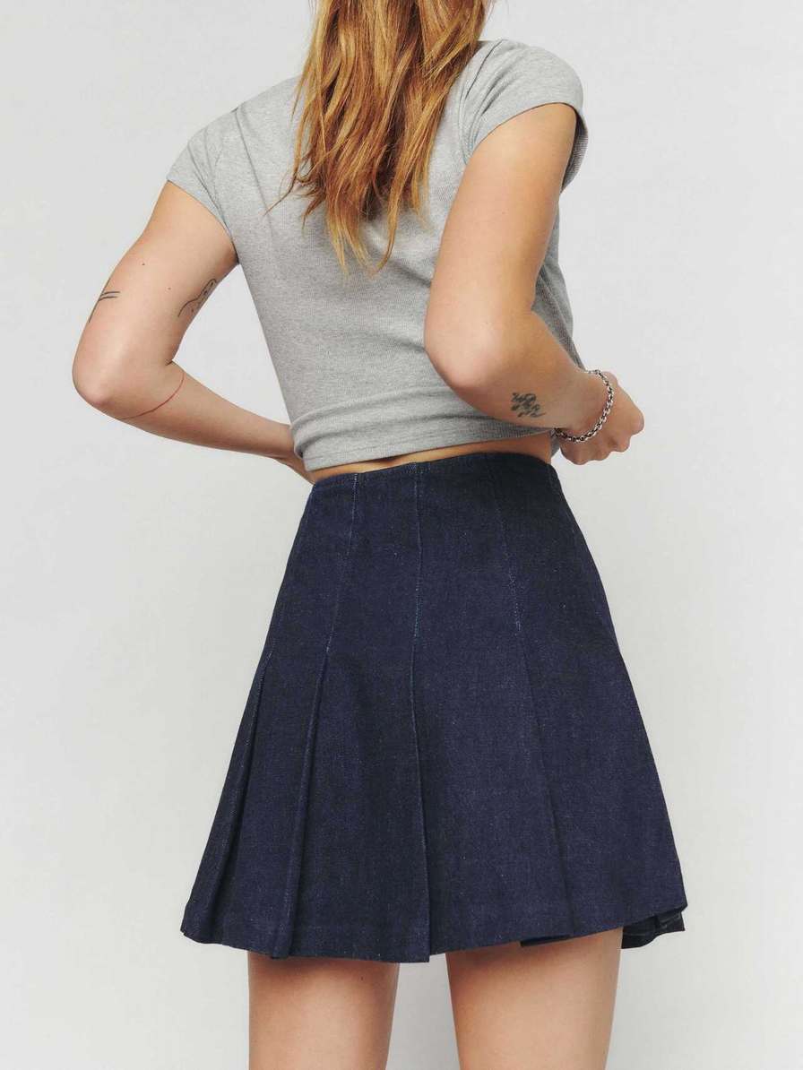 Women's Reformation Billie Pleated Denim Mini Skirts Navy | USA-0214856