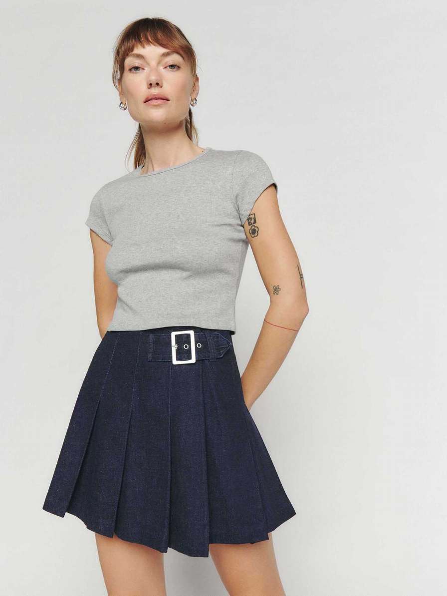 Women's Reformation Billie Pleated Denim Mini Skirts Navy | USA-0214856