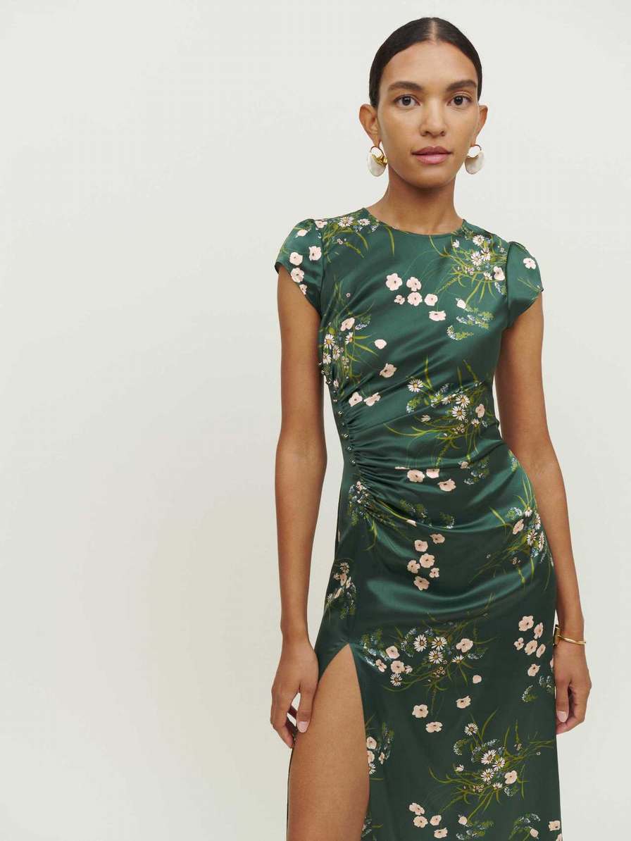 Women's Reformation Birch Silk Dress Dark Green | USA-730218