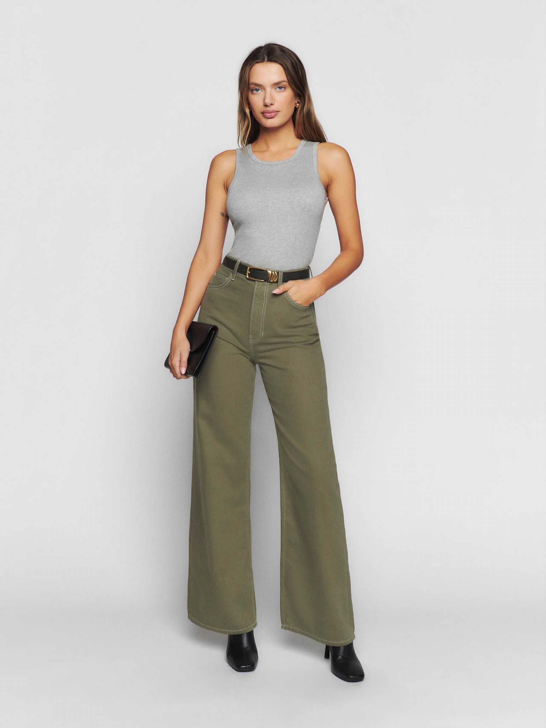 Women's Reformation Cary High Rise Slouchy Wide Leg Jeans Dark Green | USA-3514762