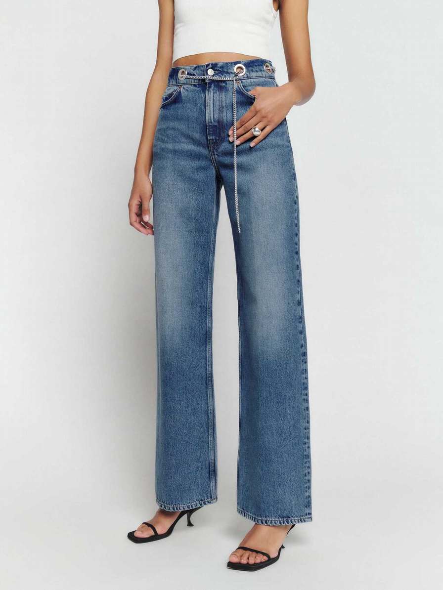 Women's Reformation Cary High Rise Slouchy Wide Leg Jeans Blue | USA-420178