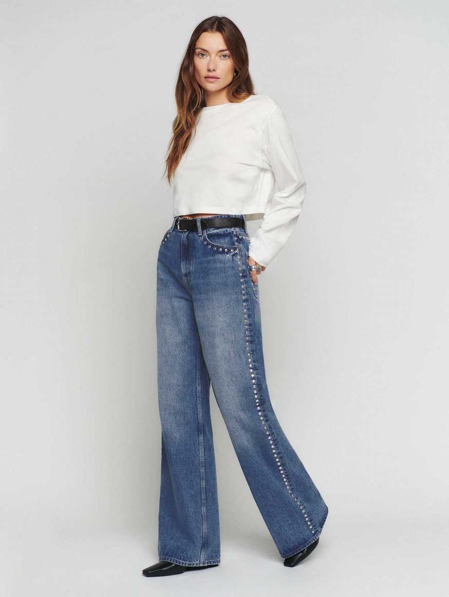 Women's Reformation Cary High Rise Slouchy Wide Leg Jeans Blue | USA-481750