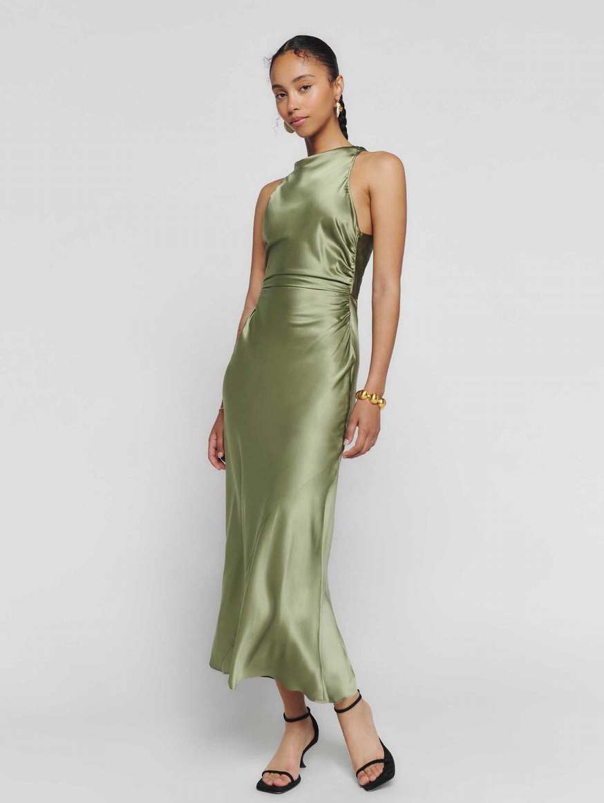 Women's Reformation Casette Silk Dress Dark Green | USA-720863