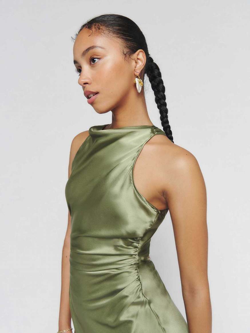 Women's Reformation Casette Silk Dress Dark Green | USA-720863