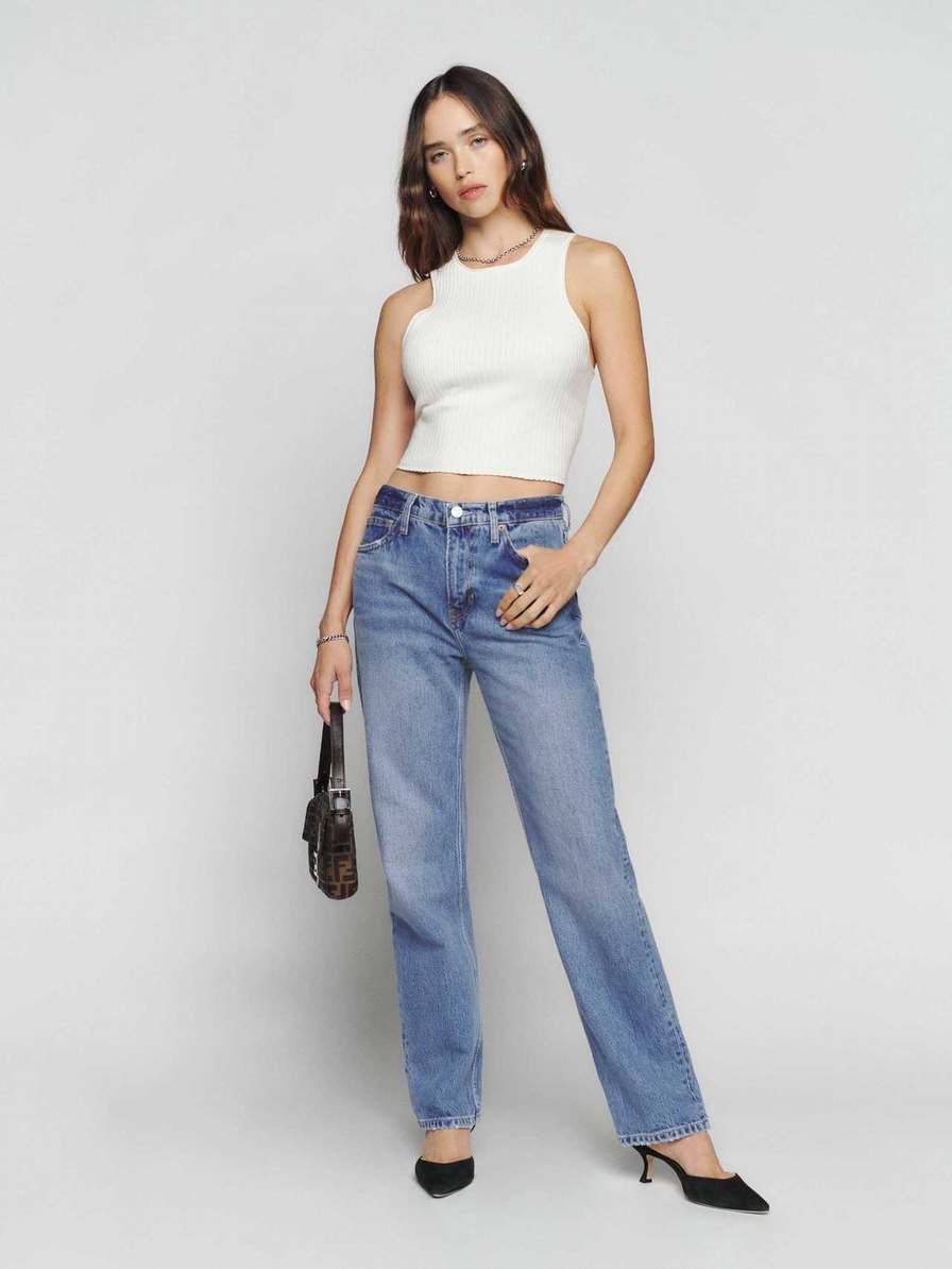 Women's Reformation Casey Mid Rise Relaxed Straight Jeans Azure | USA-265703