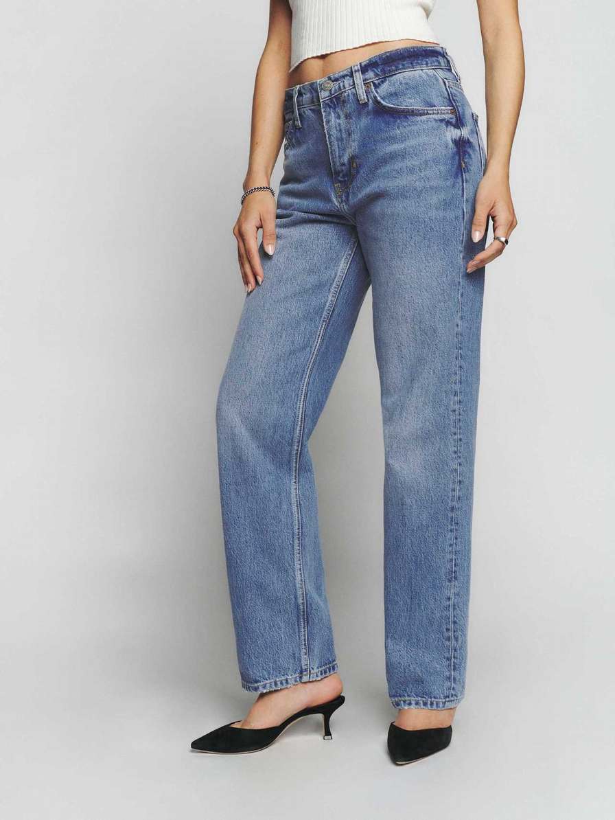 Women's Reformation Casey Mid Rise Relaxed Straight Jeans Azure | USA-265703