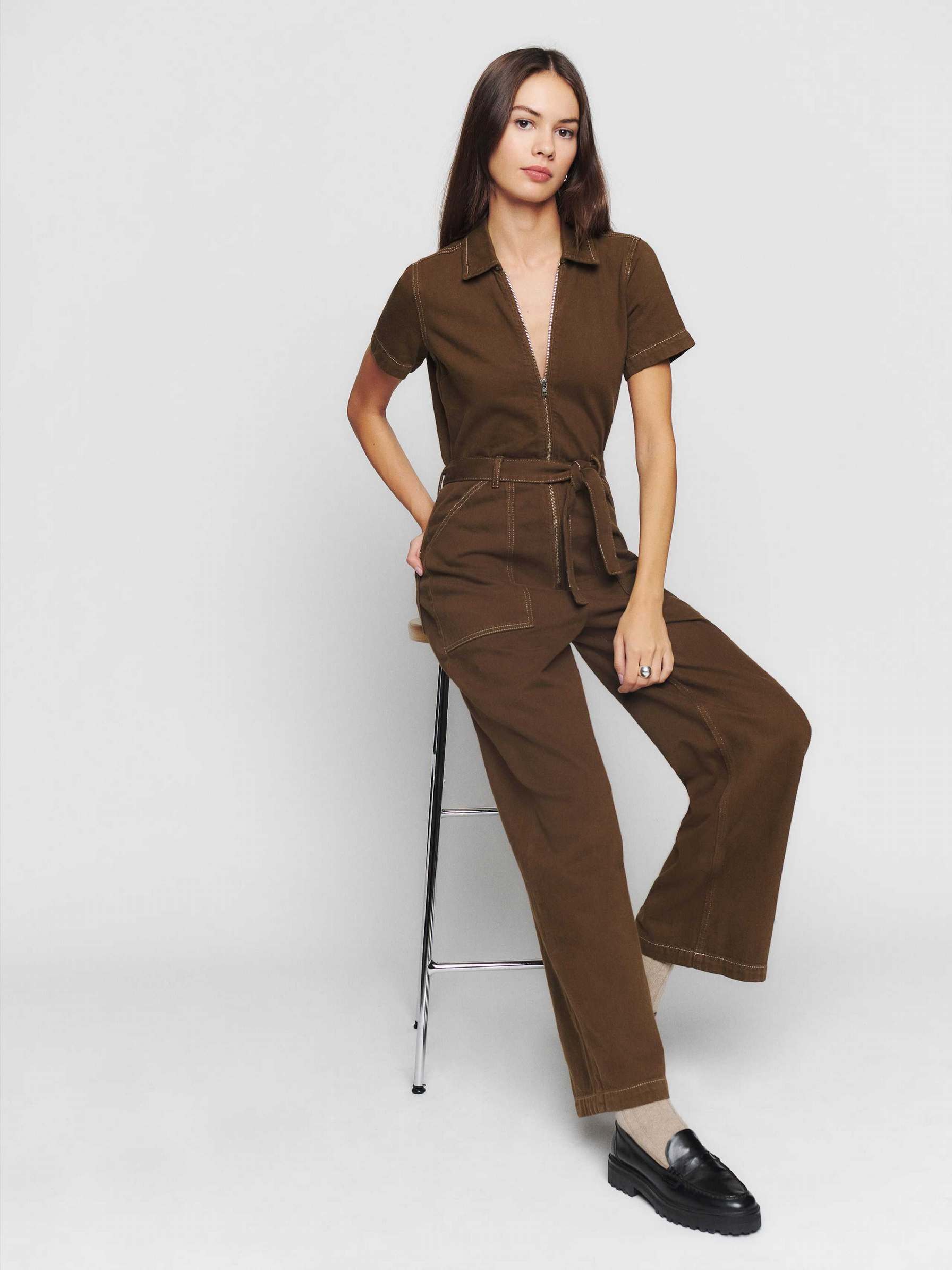 Women's Reformation Cassidy Denim Jumpsuit Chocolate | USA-183426