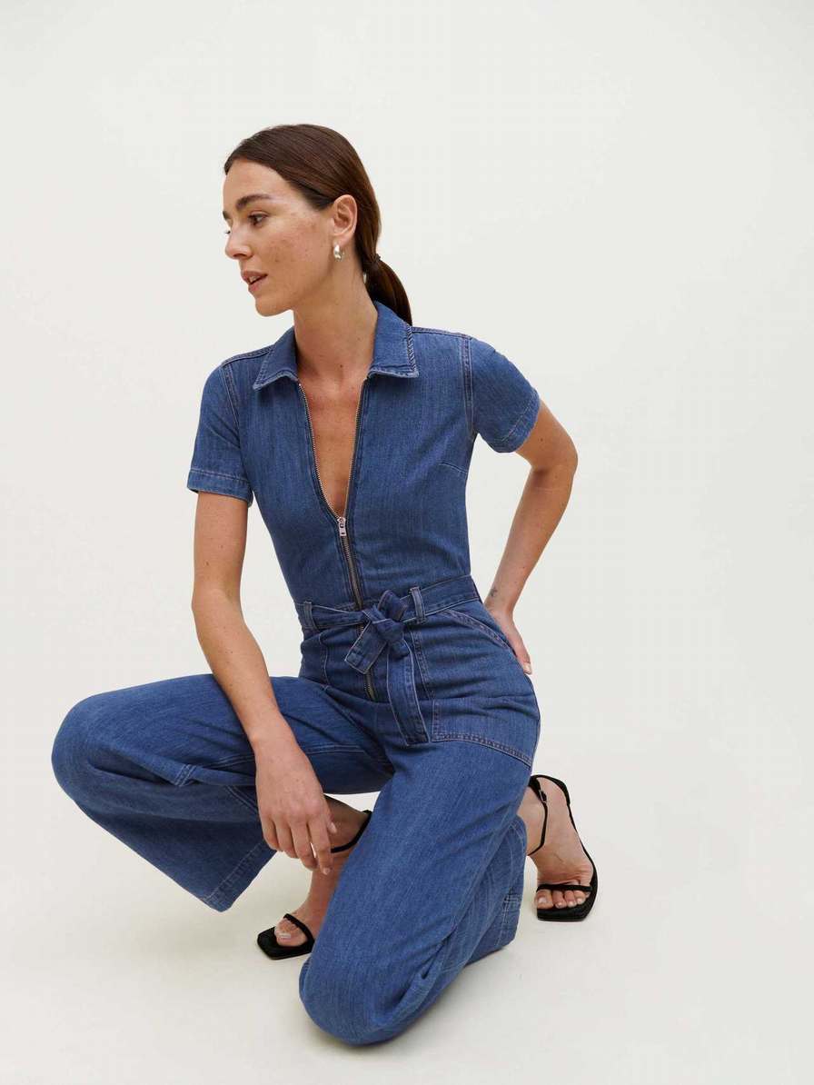 Women's Reformation Cassidy Denim Jumpsuit Blue | USA-642053