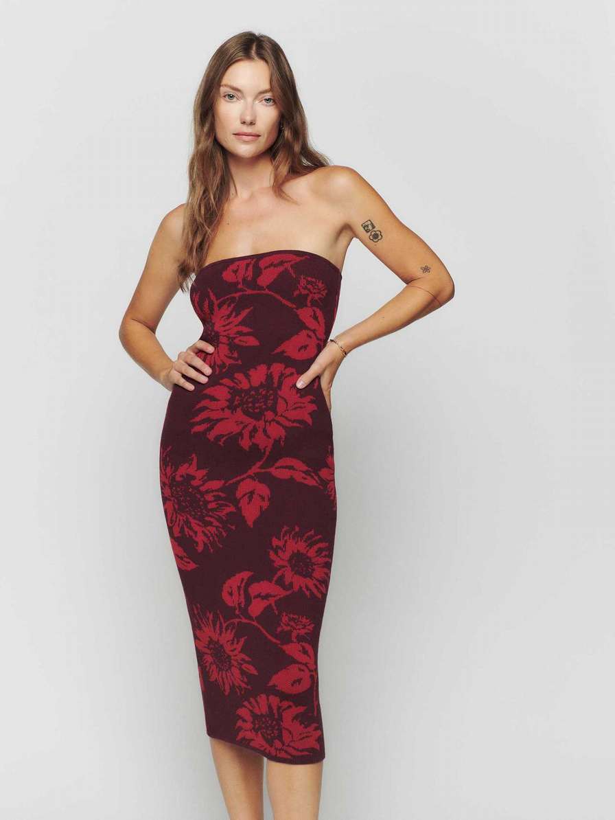 Women's Reformation Cianna Strapless Dress Burgundy | USA-6514780