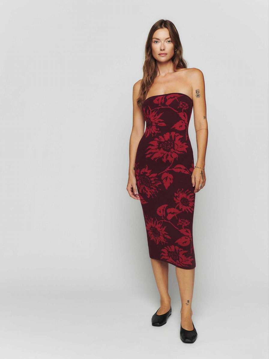 Women's Reformation Cianna Strapless Dress Burgundy | USA-6514780