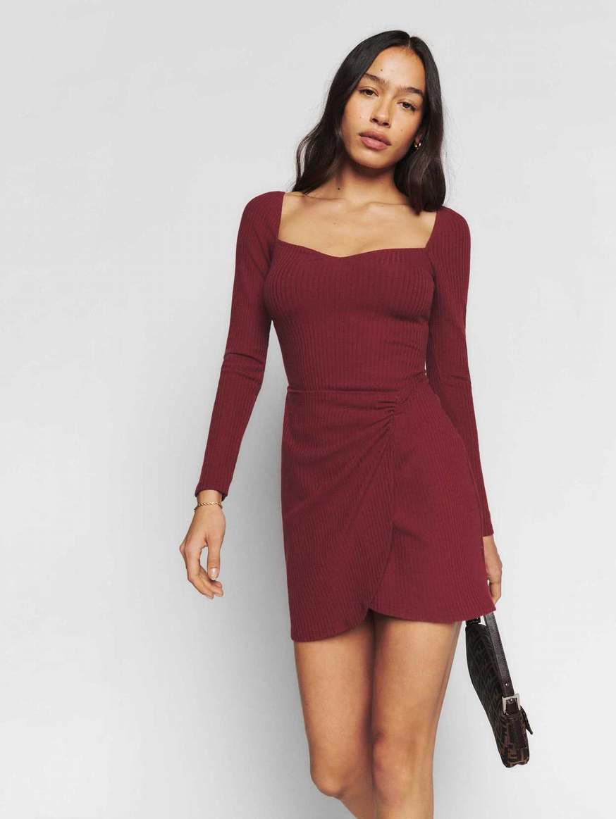 Women\'s Reformation Cleona Knit Dress Burgundy | USA-8460735