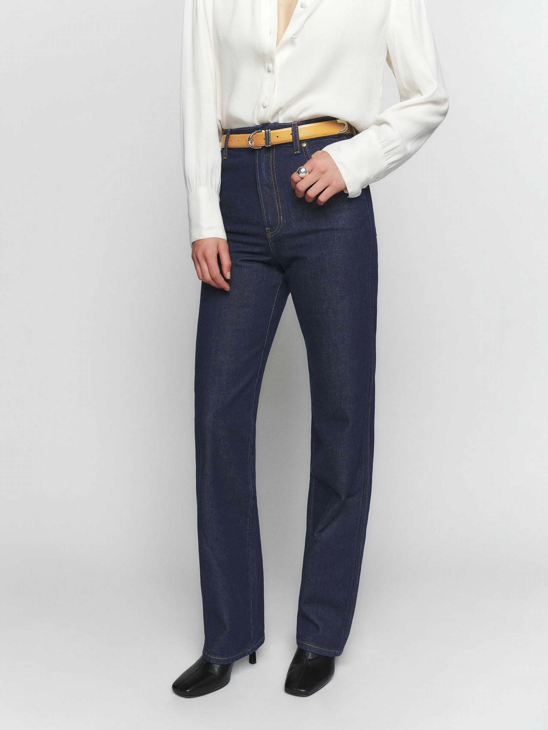 Women's Reformation Cowboy High Rise Straight Long Jeans Navy | USA-2465701