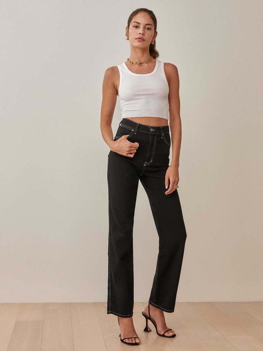 Women's Reformation Cowboy High Rise Straight Jeans Black | USA-352406