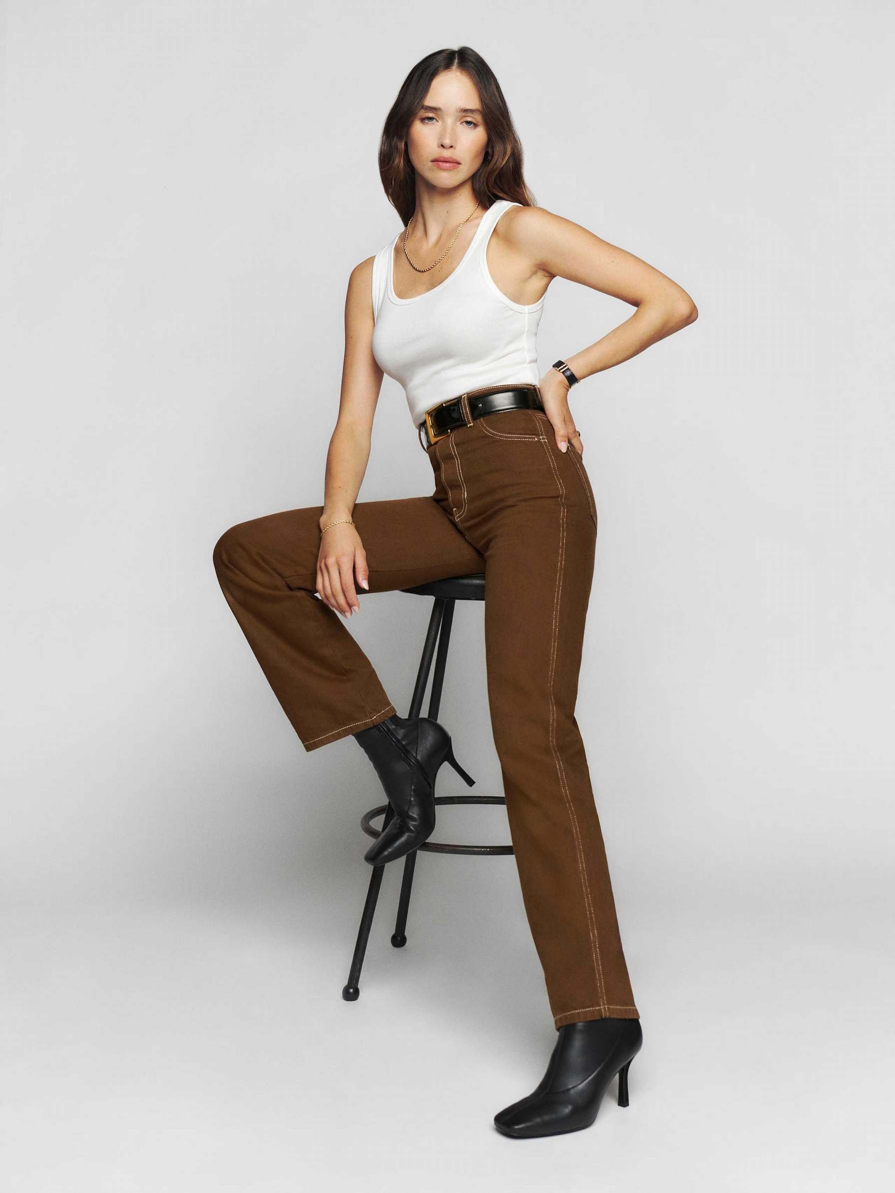 Women's Reformation Cowboy High Rise Straight Jeans Chocolate | USA-4780516