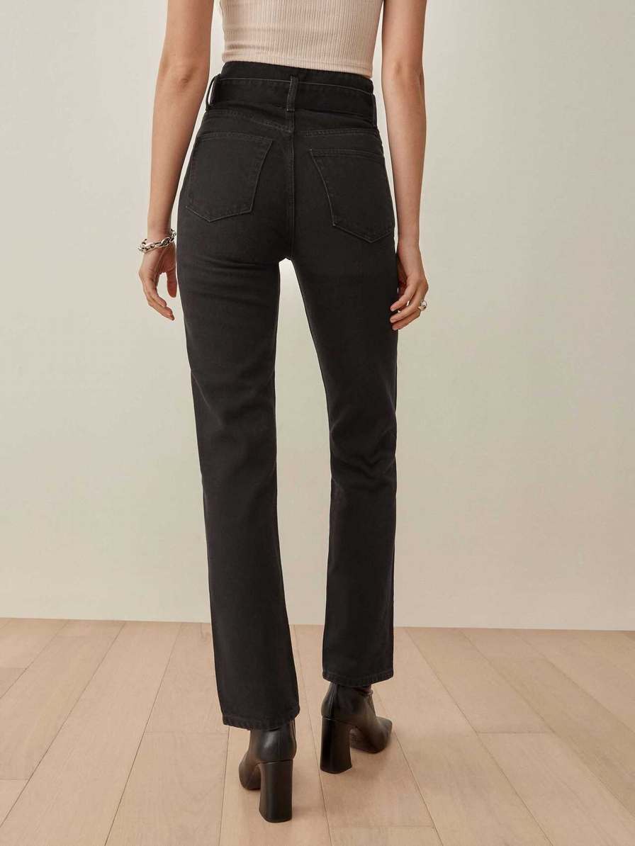 Women's Reformation Cynthia Belted High Rise Straight Jeans Black | USA-461825