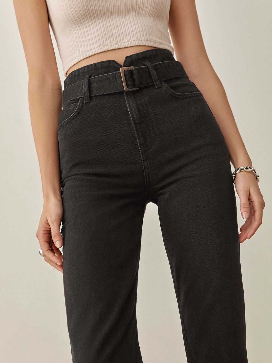 Women's Reformation Cynthia Belted High Rise Straight Jeans Black | USA-461825