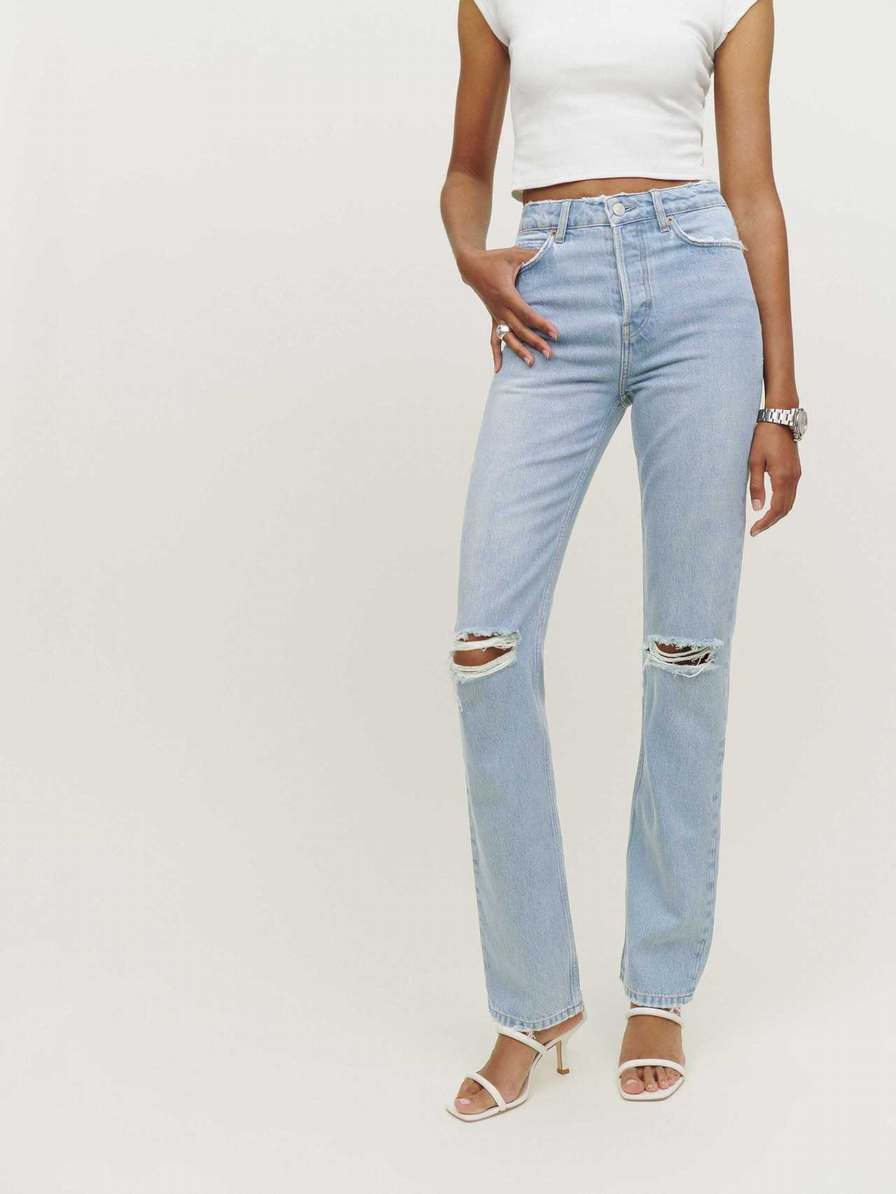 Women's Reformation Cynthia High Rise Straight Long Jeans Light Blue | USA-058164