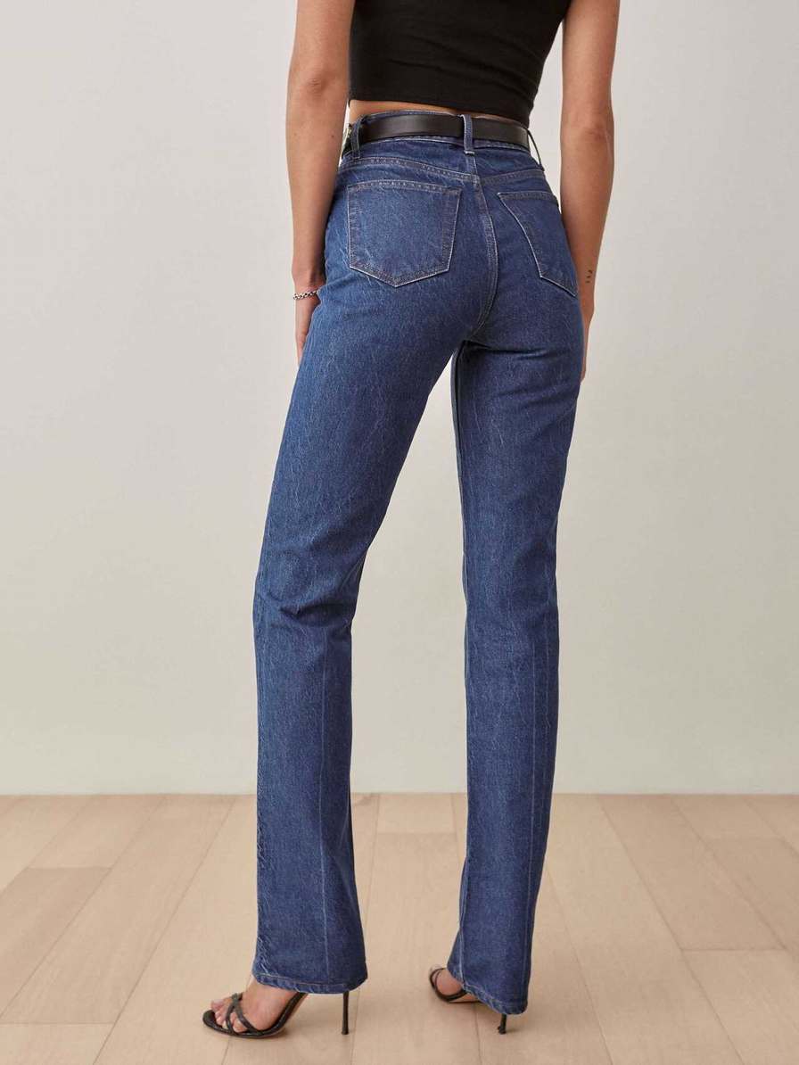 Women's Reformation Cynthia High Rise Straight Long Jeans Blue | USA-3251780