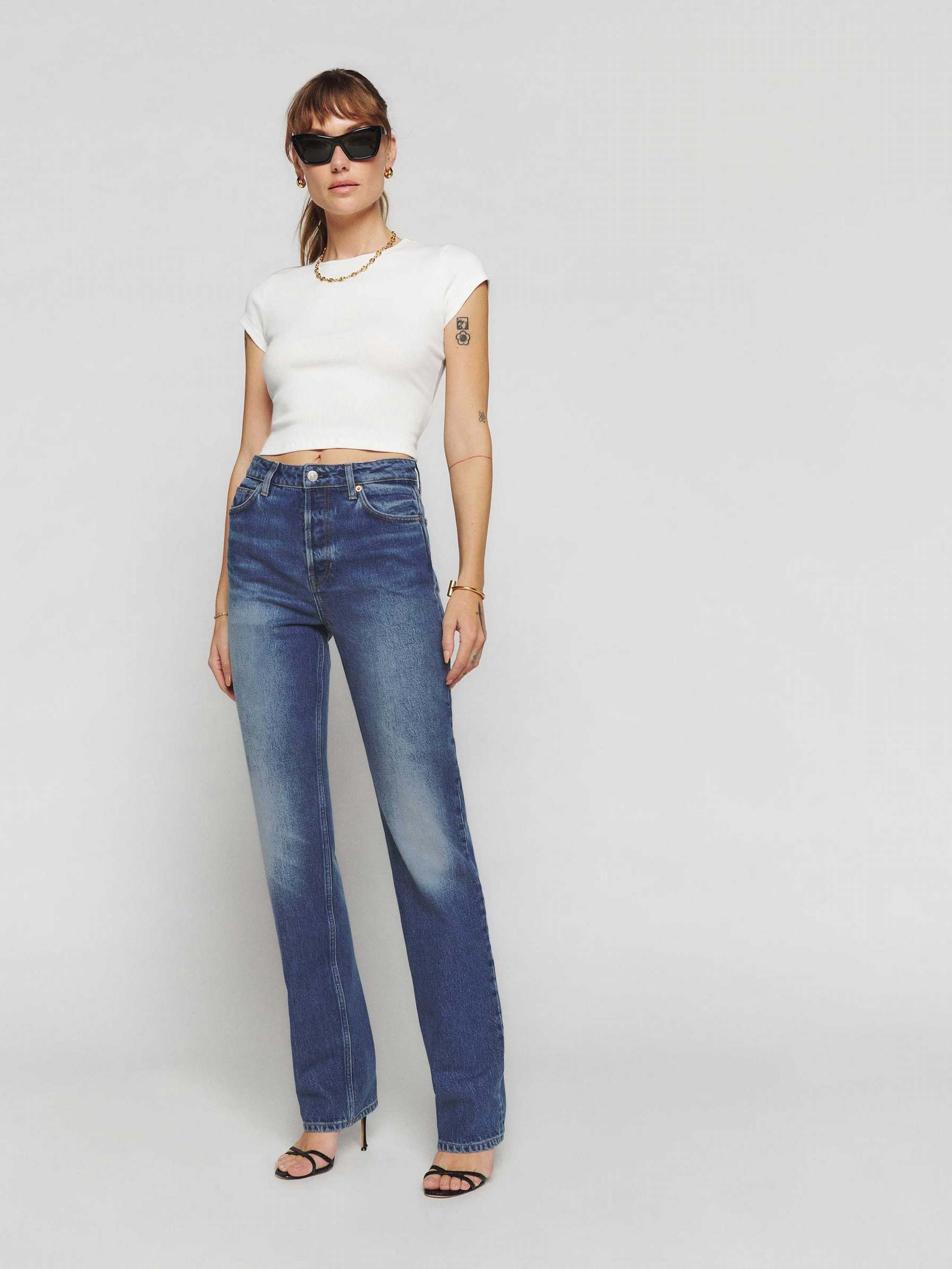 Women's Reformation Cynthia High Rise Straight Long Jeans Blue | USA-856013