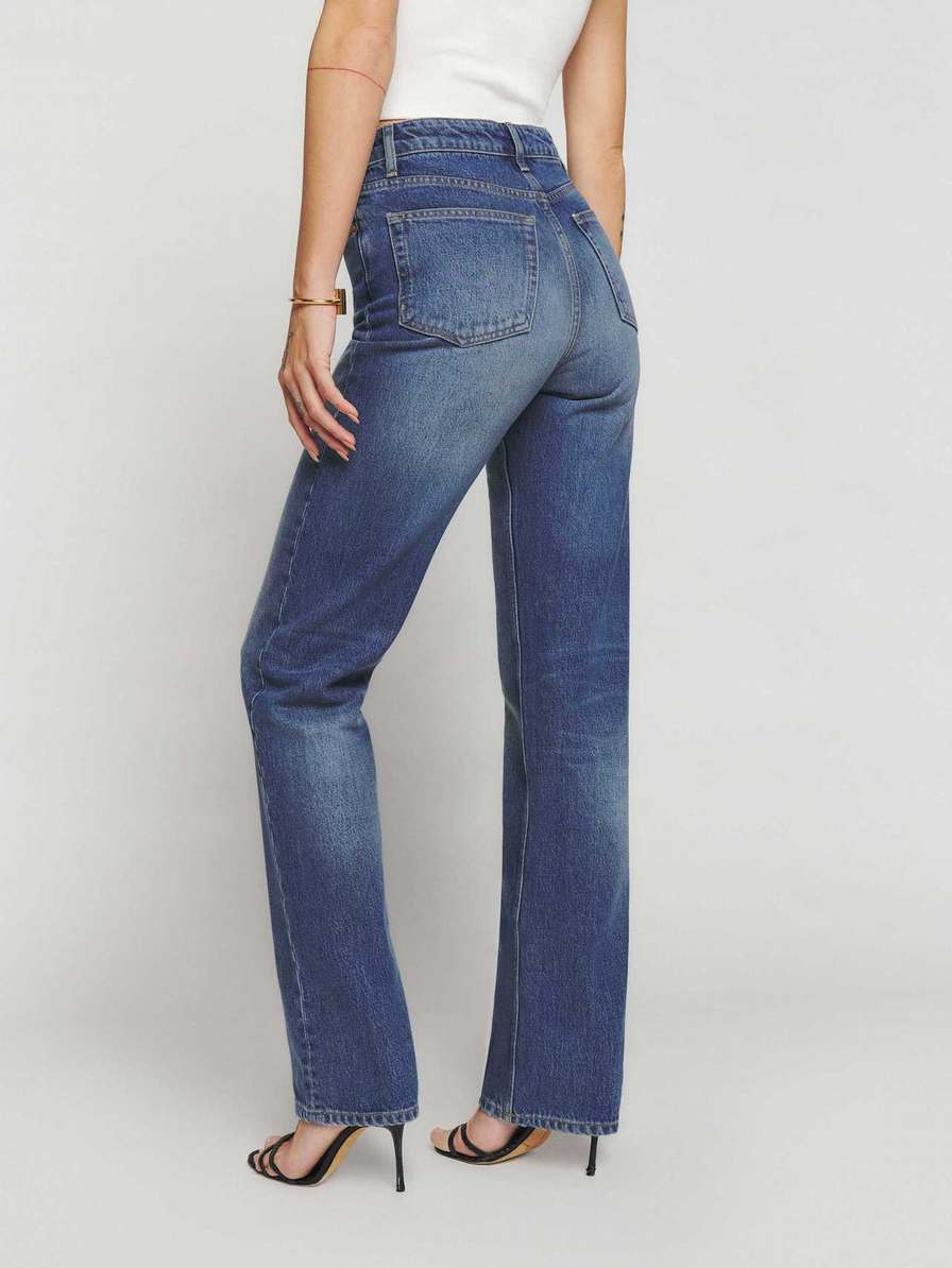 Women's Reformation Cynthia High Rise Straight Long Jeans Blue | USA-856013