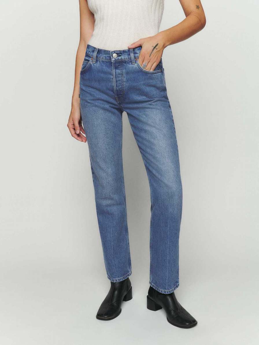 Women's Reformation Cynthia Mid Rise Straight Jeans Blue | USA-1325048