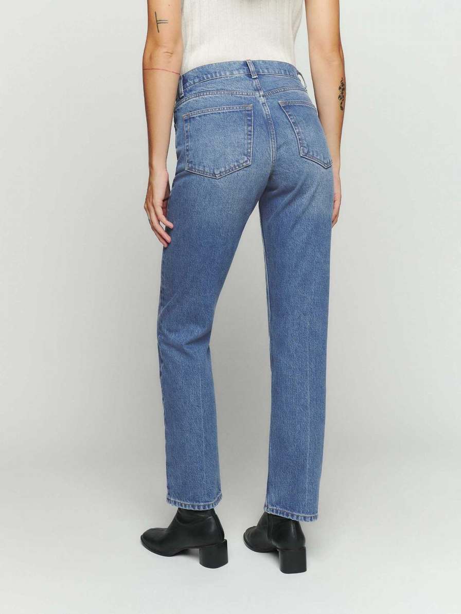 Women's Reformation Cynthia Mid Rise Straight Jeans Blue | USA-1325048