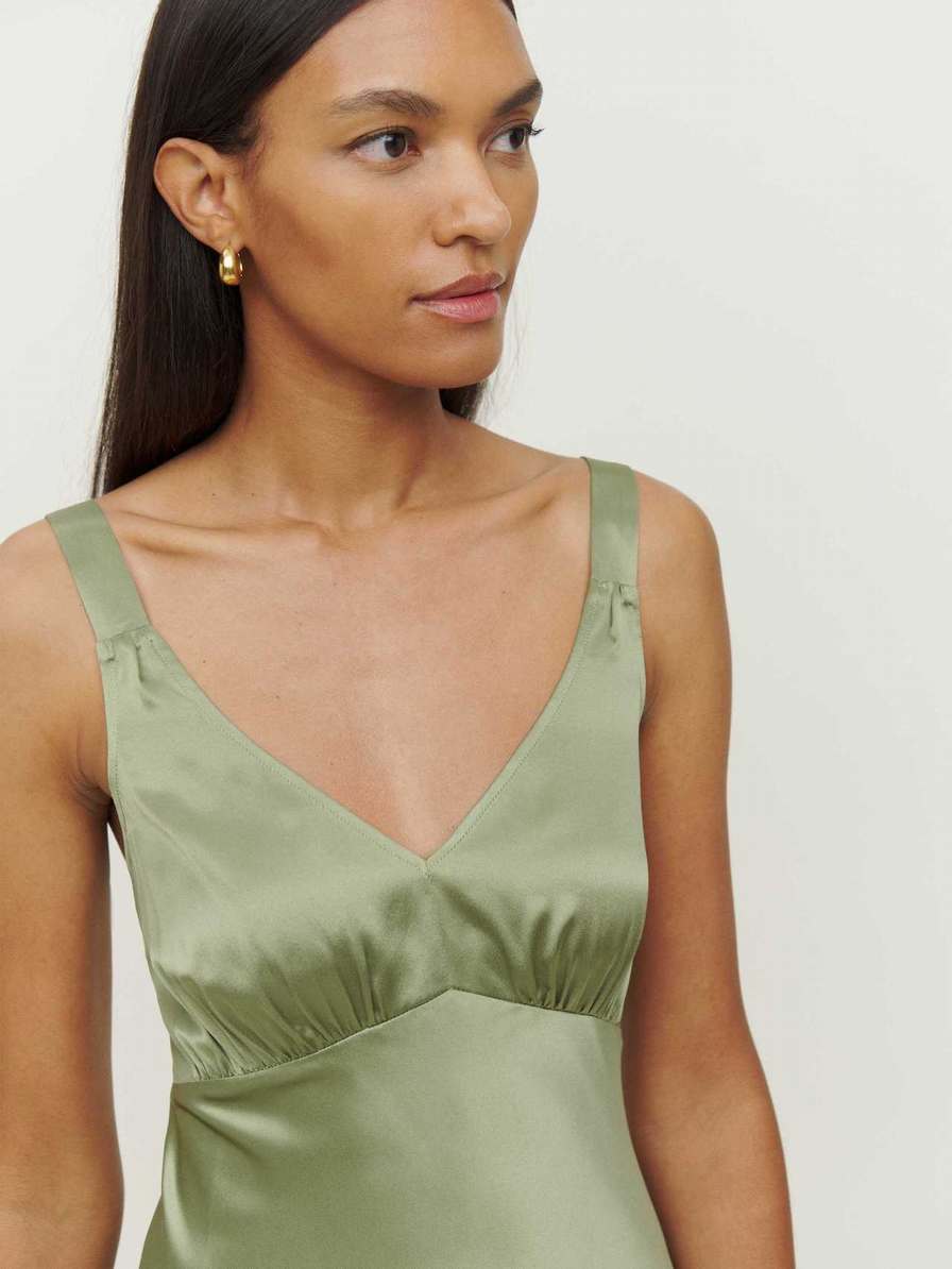 Women's Reformation Daytona Silk Dress Dark Green | USA-162043