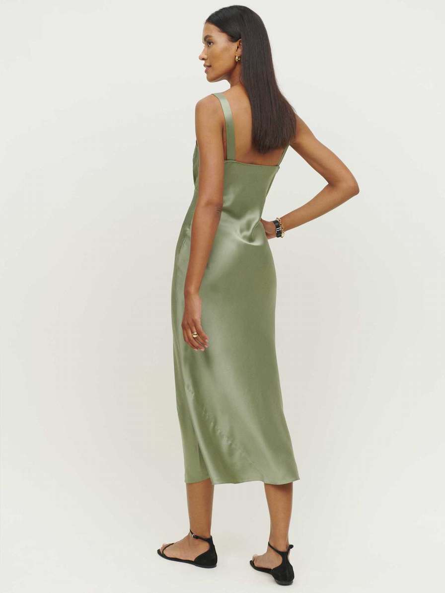 Women's Reformation Daytona Silk Dress Dark Green | USA-162043