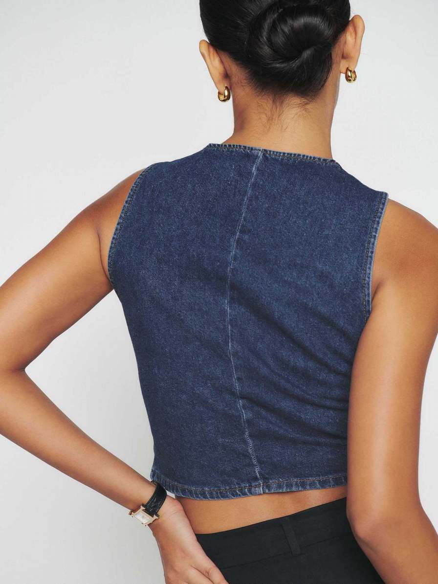 Women's Reformation Devin Denim Vest Dark Blue | USA-765081