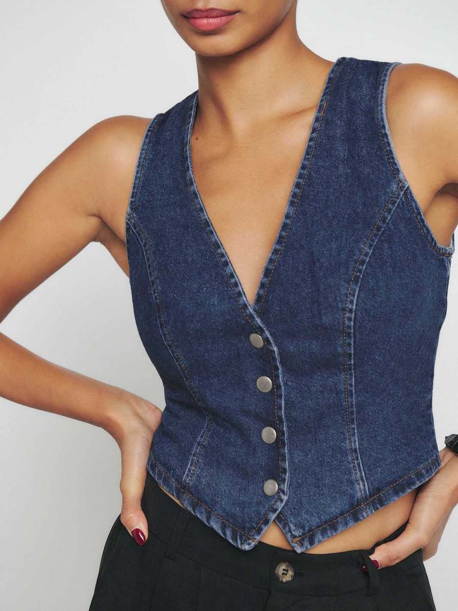 Women's Reformation Devin Denim Vest Dark Blue | USA-765081