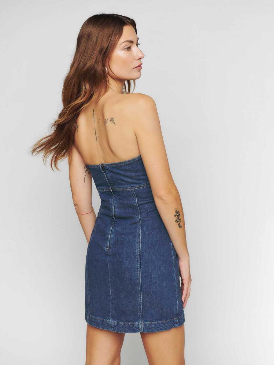 Women's Reformation Dori Denim Mini Dress Blue | USA-751386